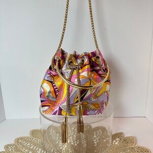 Liliana Multicolor Psychedelic Satin Bucket Bag Gold Ring Handle Chain Crossbody